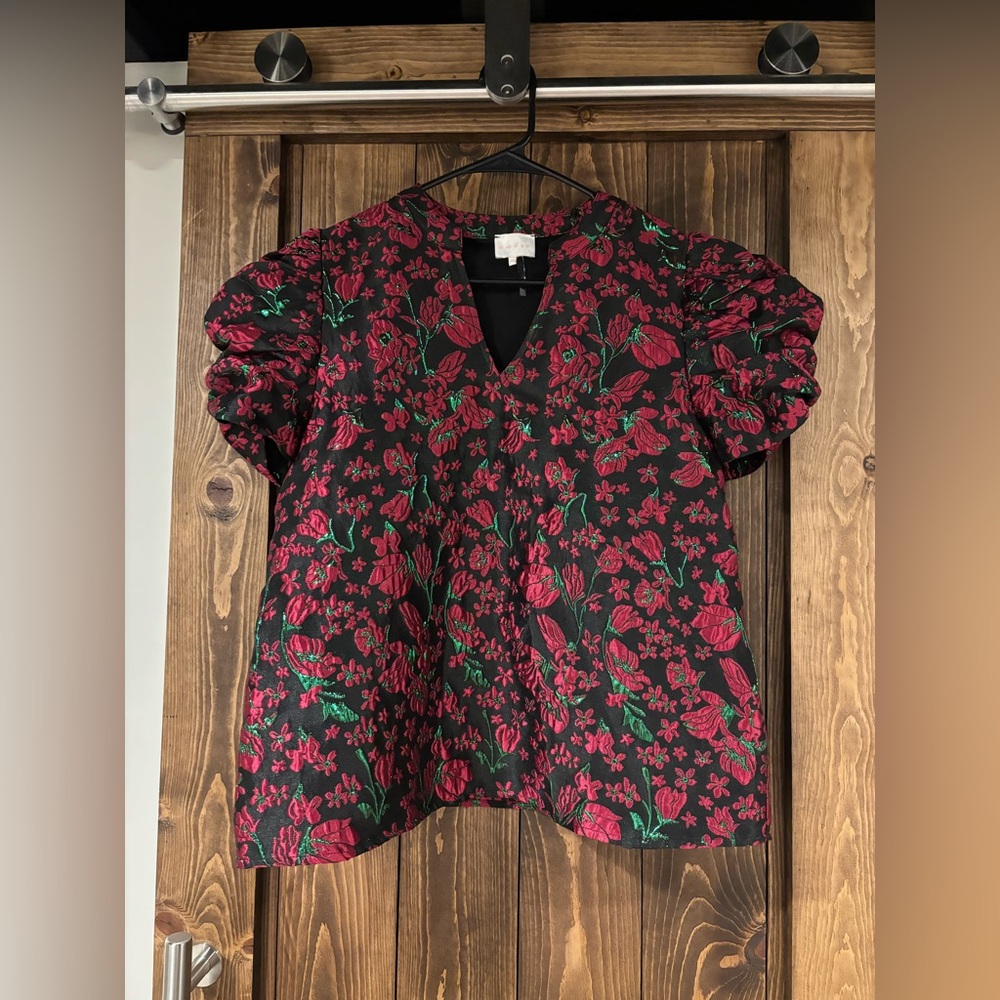 Entro Jacquard Puff Sleeve Lined Floral Blouse Medium